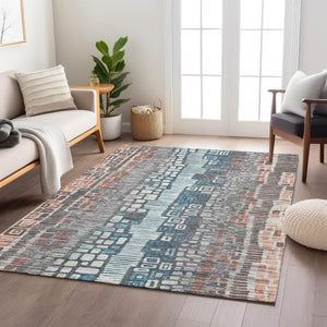 HomeRoots 9' Copper Ivory Blue Geometric Washable Area Rug - Indoor Outdoor Durable Style for Any Space! 641312