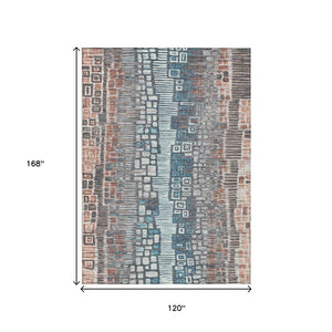 HomeRoots 10' Stylish Copper Ivory and Blue Geometric Washable Rug for Indoor/Outdoor High-Traffic Areas 641313