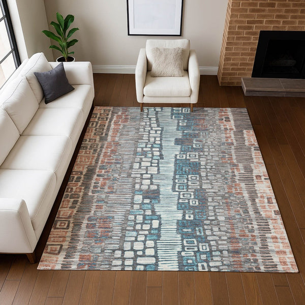 HomeRoots 10' Stylish Copper Ivory and Blue Geometric Washable Rug for Indoor/Outdoor High-Traffic Areas 641313