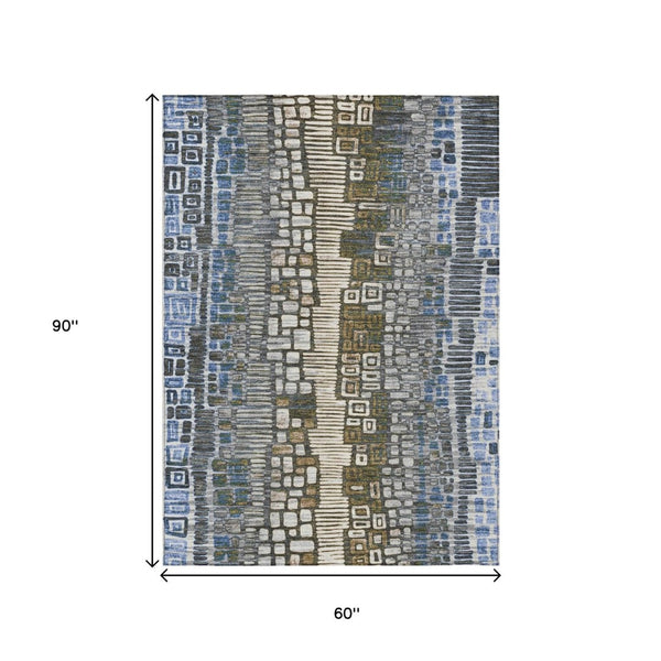HomeRoots 5' X 8' Denim Blue Area Rug – Stylish Geometric Design for Indoor & Outdoor Spaces, Washable & Durable 641315
