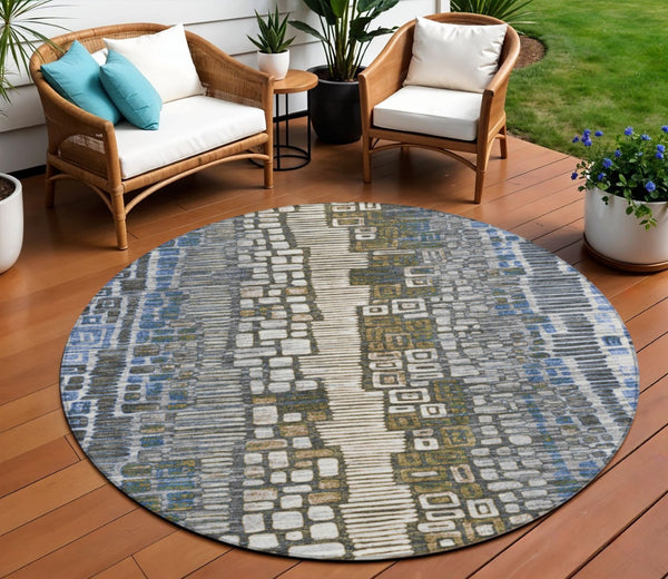HomeRoots 8' Denim Blue Ivory Beige Round Geometric Area Rug - Durable, Washable for Indoor & Outdoor Spaces 641316