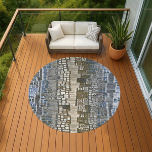 HomeRoots 8' Denim Blue Ivory Beige Round Geometric Area Rug - Durable, Washable for Indoor & Outdoor Spaces 641316