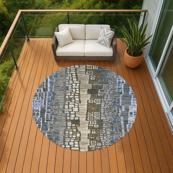 HomeRoots 8' Denim Blue Ivory Beige Round Geometric Area Rug - Durable, Washable for Indoor & Outdoor Spaces 641316
