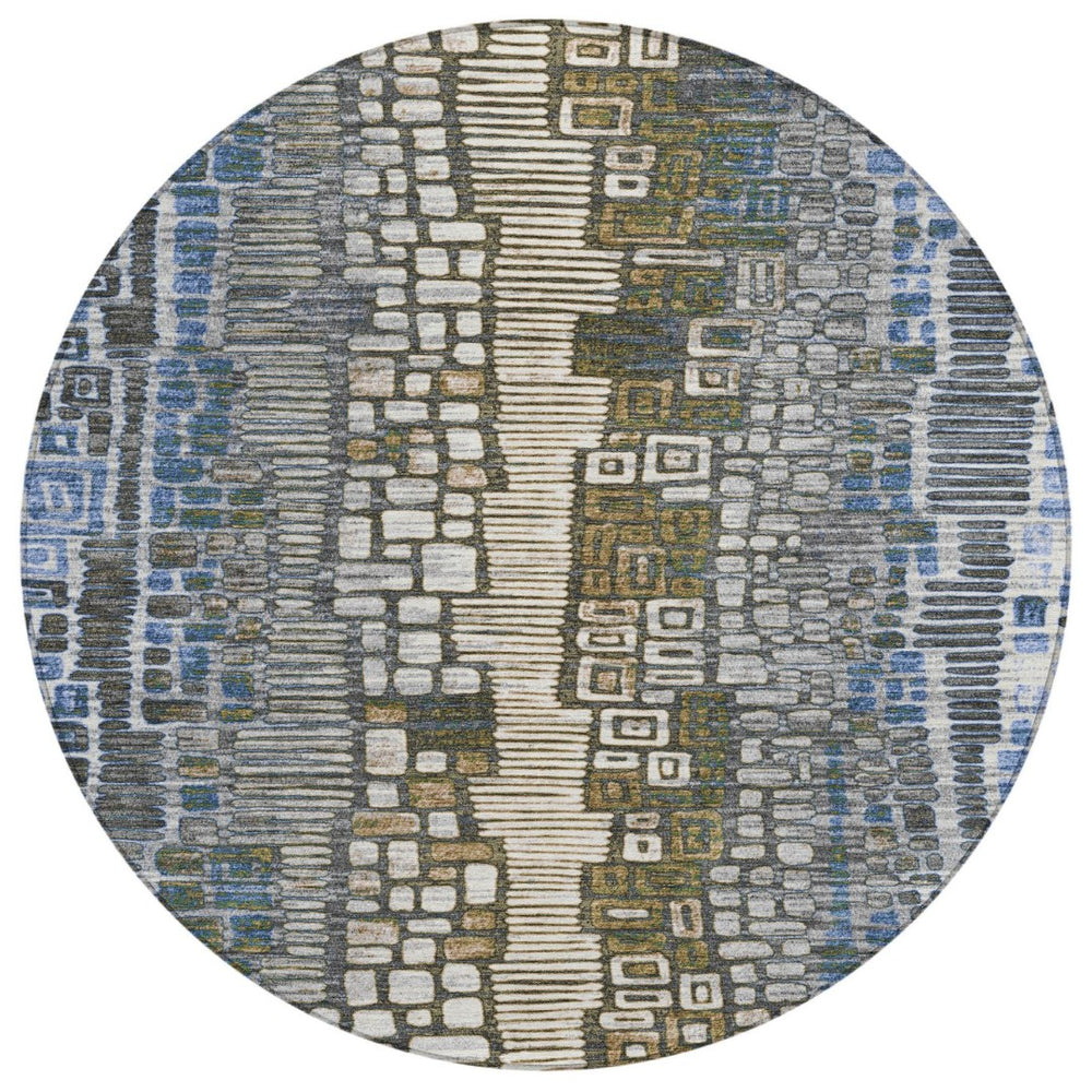 HomeRoots 8' Denim Blue Ivory Beige Round Geometric Area Rug - Durable, Washable for Indoor & Outdoor Spaces 641316
