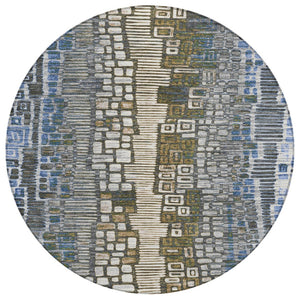 HomeRoots 8' Denim Blue Ivory Beige Round Geometric Area Rug - Durable, Washable for Indoor & Outdoor Spaces 641316