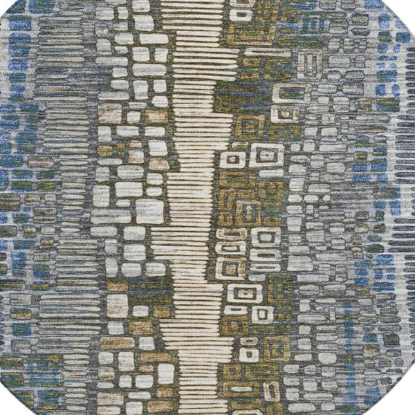 HomeRoots 8' Denim Blue Ivory Beige Round Geometric Area Rug - Durable, Washable for Indoor & Outdoor Spaces 641316