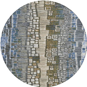 HomeRoots 8' Denim Blue Ivory Beige Round Geometric Area Rug - Durable, Washable for Indoor & Outdoor Spaces 641316