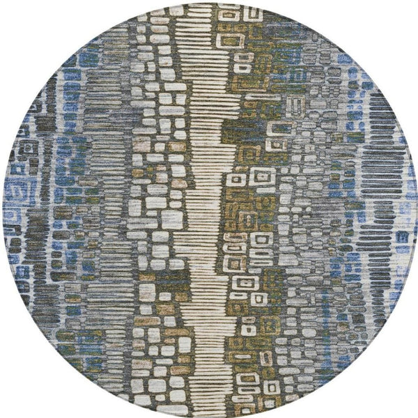 HomeRoots 8' Denim Blue Ivory Beige Round Geometric Area Rug - Durable, Washable for Indoor & Outdoor Spaces 641316