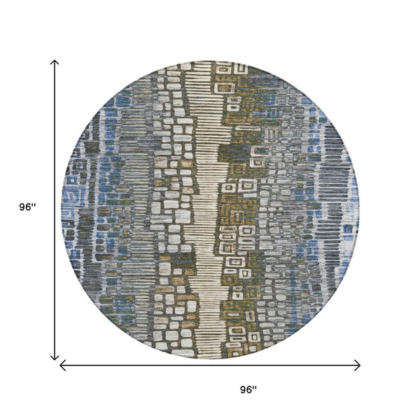 HomeRoots 8' Denim Blue Ivory Beige Round Geometric Area Rug - Durable, Washable for Indoor & Outdoor Spaces 641316