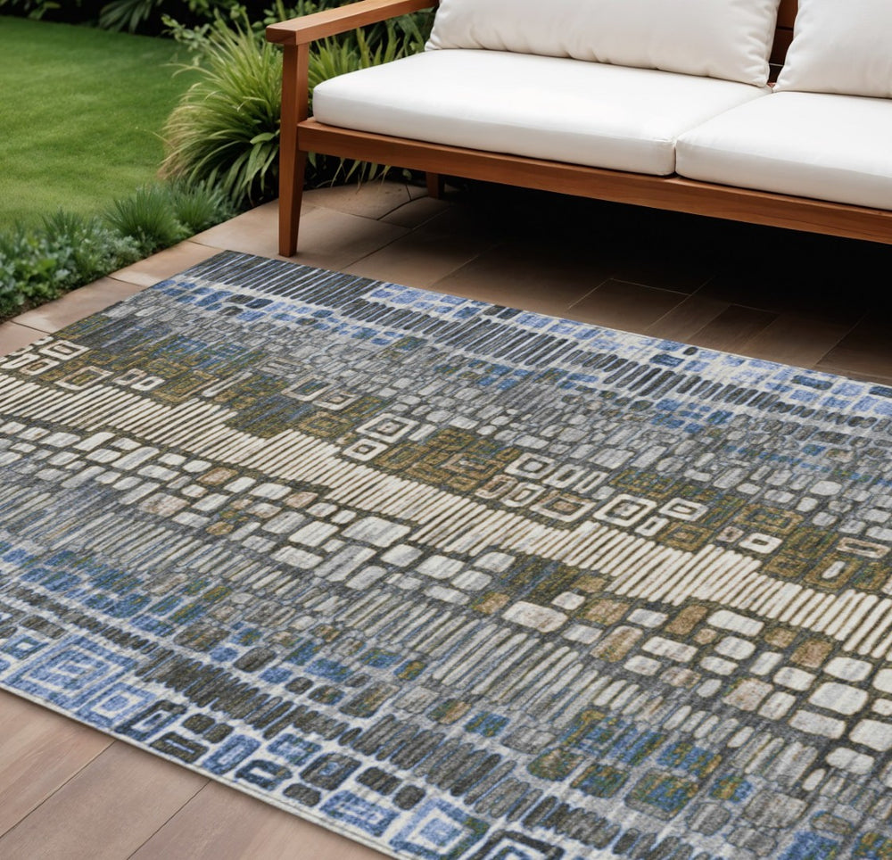 HomeRoots 10' Modern Geometric Washable Area Rug in Denim Blue, Ivory & Beige for Indoor/Outdoor Spaces 641319