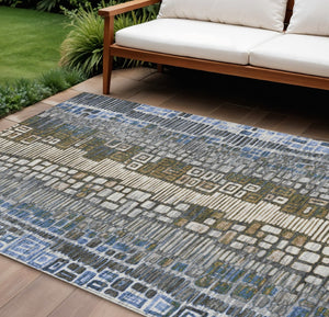 HomeRoots 10' Modern Geometric Washable Area Rug in Denim Blue, Ivory & Beige for Indoor/Outdoor Spaces 641319