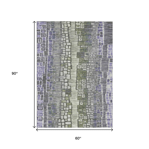 HomeRoots 5' Modern Geometric Washable Area Rug in Purple, Ivory & Green—Durable for Indoor & Outdoor Use! 641321