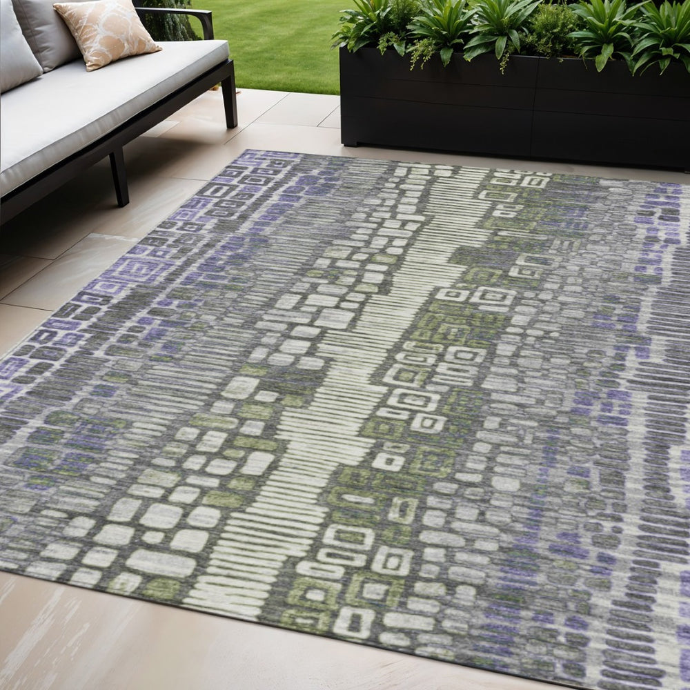 HomeRoots 5' Modern Geometric Washable Area Rug in Purple, Ivory & Green—Durable for Indoor & Outdoor Use! 641321