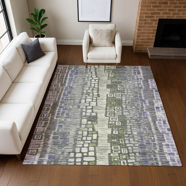 HomeRoots 5' Modern Geometric Washable Area Rug in Purple, Ivory & Green—Durable for Indoor & Outdoor Use! 641321