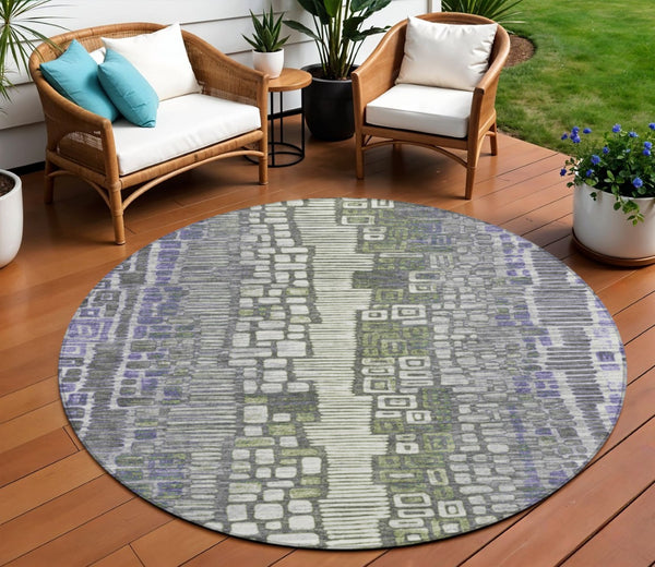 HomeRoots 8' Stylish Purple, Ivory & Green Geometric Round Area Rug - Washable, Durable for Indoor/Outdoor Use 641322