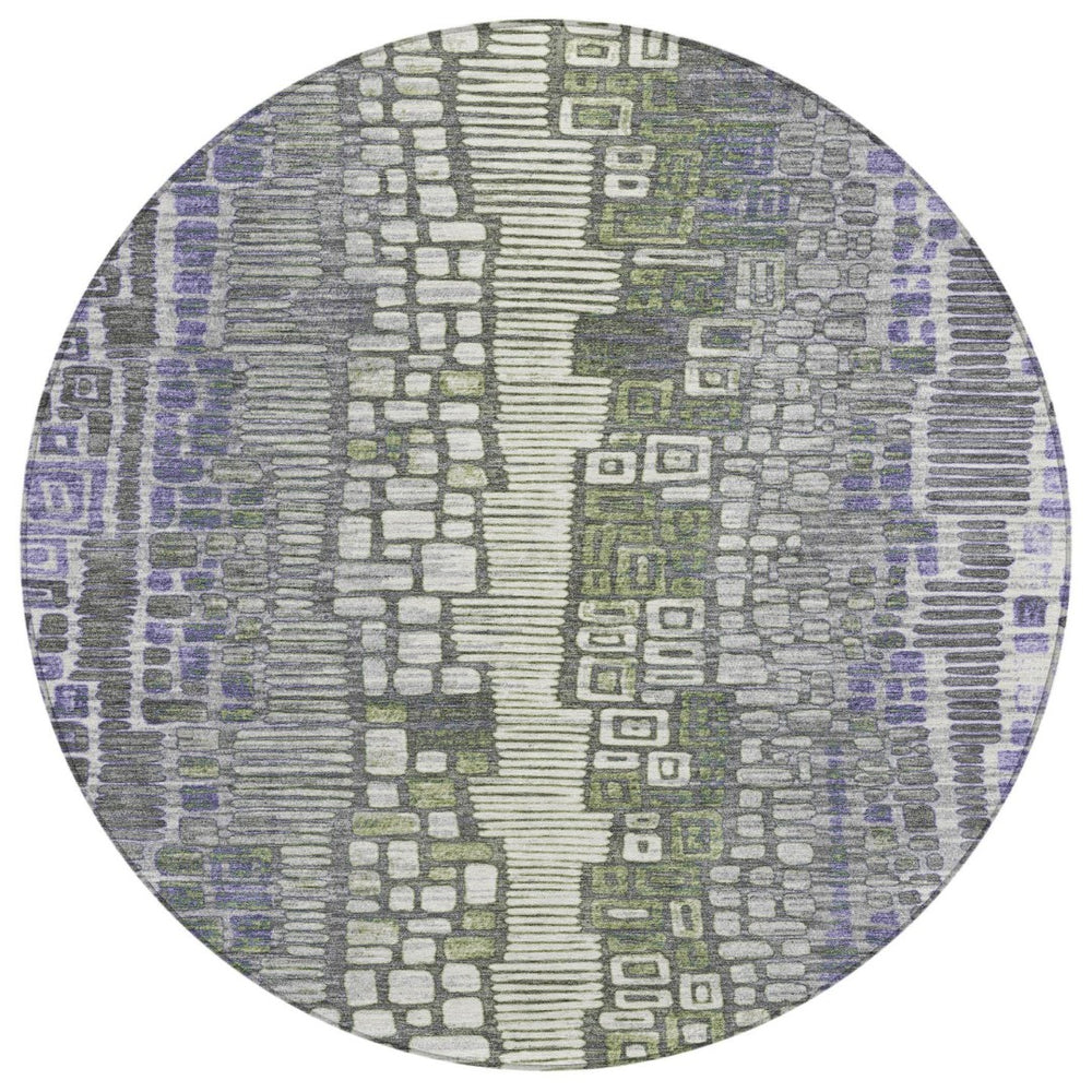 HomeRoots 8' Stylish Purple, Ivory & Green Geometric Round Area Rug - Washable, Durable for Indoor/Outdoor Use 641322