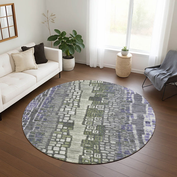 HomeRoots 8' Stylish Purple, Ivory & Green Geometric Round Area Rug - Washable, Durable for Indoor/Outdoor Use 641322