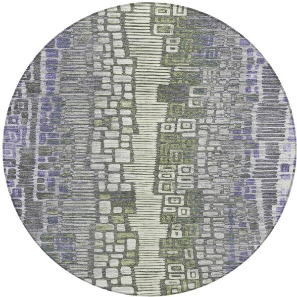 HomeRoots 8' Stylish Purple, Ivory & Green Geometric Round Area Rug - Washable, Durable for Indoor/Outdoor Use 641322