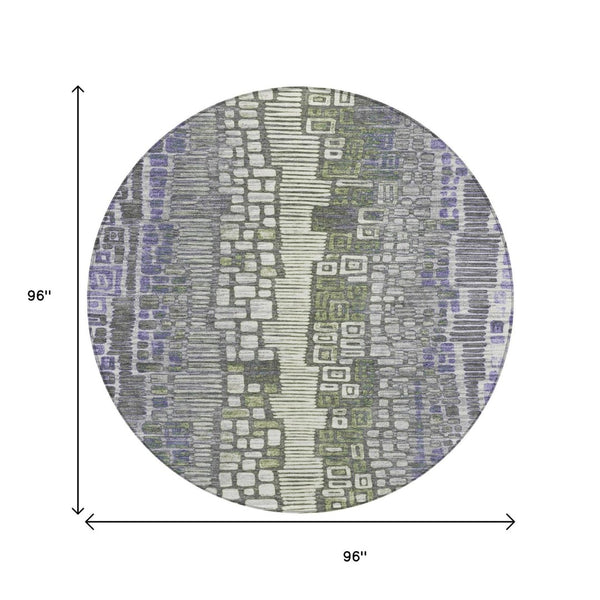 HomeRoots 8' Stylish Purple, Ivory & Green Geometric Round Area Rug - Washable, Durable for Indoor/Outdoor Use 641322
