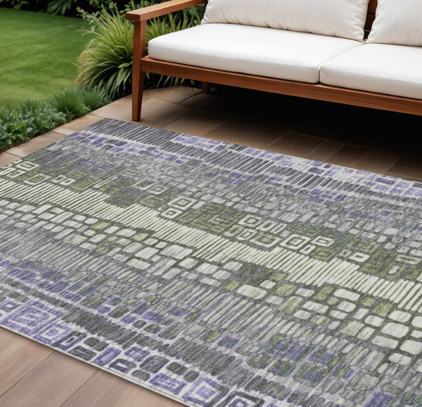 HomeRoots 10' Modern Geometric Purple Ivory Green Area Rug - Washable Indoor/Outdoor for Easy Care & Style 641325