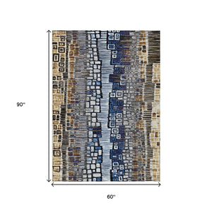 HomeRoots 5' Stylish Geometric Washable Area Rug in Pewter, Ivory, Blue & Gold for Indoor/Outdoor Use 641327