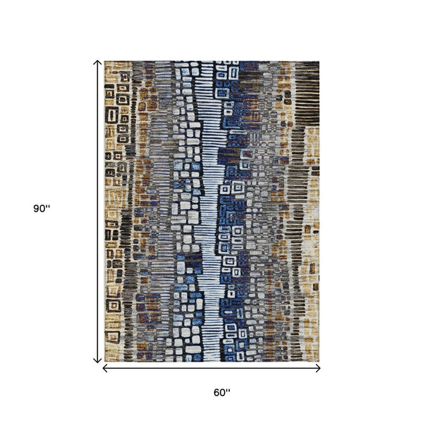 HomeRoots 5' Stylish Geometric Washable Area Rug in Pewter, Ivory, Blue & Gold for Indoor/Outdoor Use 641327