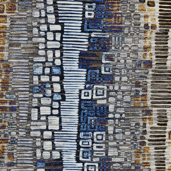 HomeRoots 5' Stylish Geometric Washable Area Rug in Pewter, Ivory, Blue & Gold for Indoor/Outdoor Use 641327