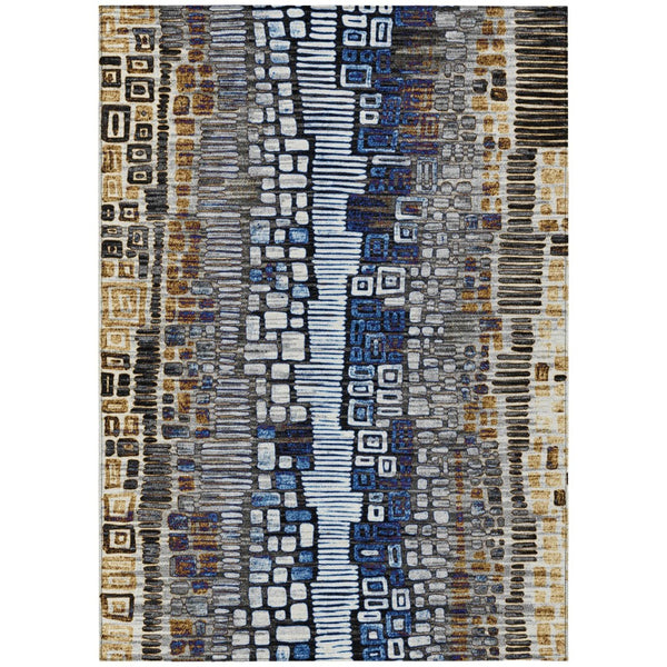 HomeRoots 5' Stylish Geometric Washable Area Rug in Pewter, Ivory, Blue & Gold for Indoor/Outdoor Use 641327