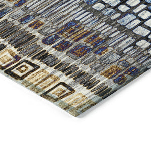 HomeRoots 5' Stylish Geometric Washable Area Rug in Pewter, Ivory, Blue & Gold for Indoor/Outdoor Use 641327