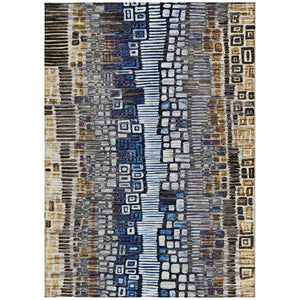 HomeRoots 5' Stylish Geometric Washable Area Rug in Pewter, Ivory, Blue & Gold for Indoor/Outdoor Use 641327