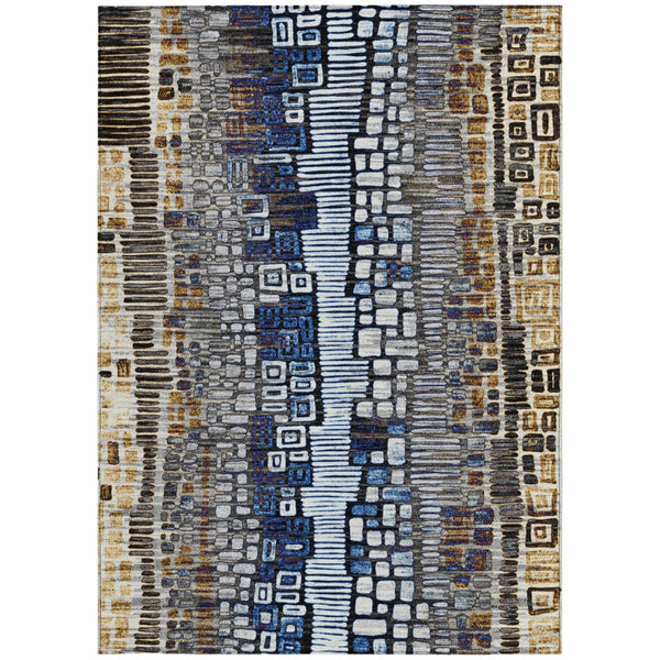 HomeRoots 5' Stylish Geometric Washable Area Rug in Pewter, Ivory, Blue & Gold for Indoor/Outdoor Use 641327