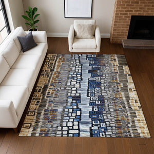 HomeRoots 5' Stylish Geometric Washable Area Rug in Pewter, Ivory, Blue & Gold for Indoor/Outdoor Use 641327