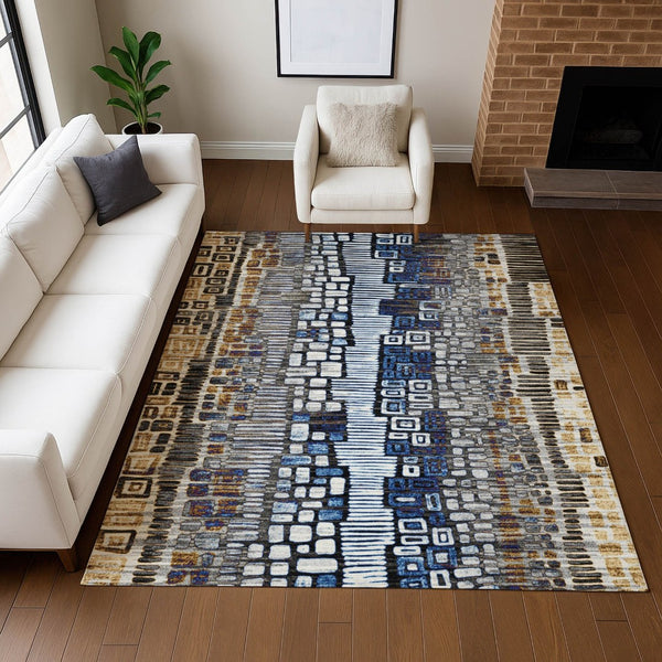 HomeRoots 5' Stylish Geometric Washable Area Rug in Pewter, Ivory, Blue & Gold for Indoor/Outdoor Use 641327