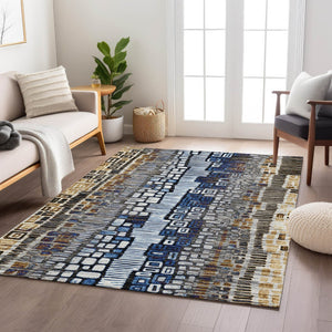 HomeRoots 5' Stylish Geometric Washable Area Rug in Pewter, Ivory, Blue & Gold for Indoor/Outdoor Use 641327