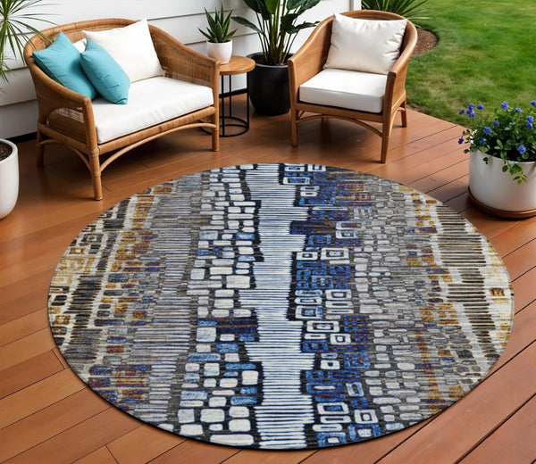 HomeRoots 8' Stylish Geometric Area Rug in Pewter, Ivory, Blue & Gold – Washable, Durable for Indoor/Outdoor Use 641328