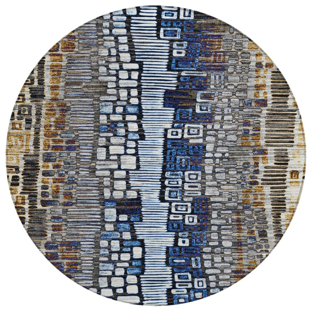 HomeRoots 8' Stylish Geometric Area Rug in Pewter, Ivory, Blue & Gold – Washable, Durable for Indoor/Outdoor Use 641328