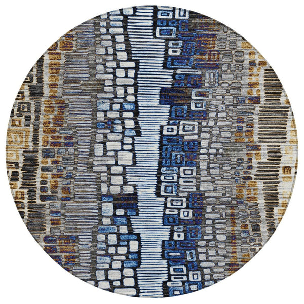 HomeRoots 8' Stylish Geometric Area Rug in Pewter, Ivory, Blue & Gold – Washable, Durable for Indoor/Outdoor Use 641328