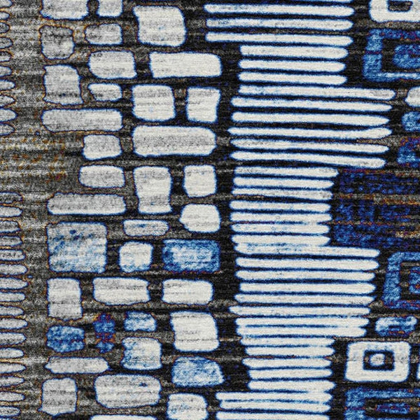HomeRoots 8' Stylish Geometric Area Rug in Pewter, Ivory, Blue & Gold – Washable, Durable for Indoor/Outdoor Use 641328
