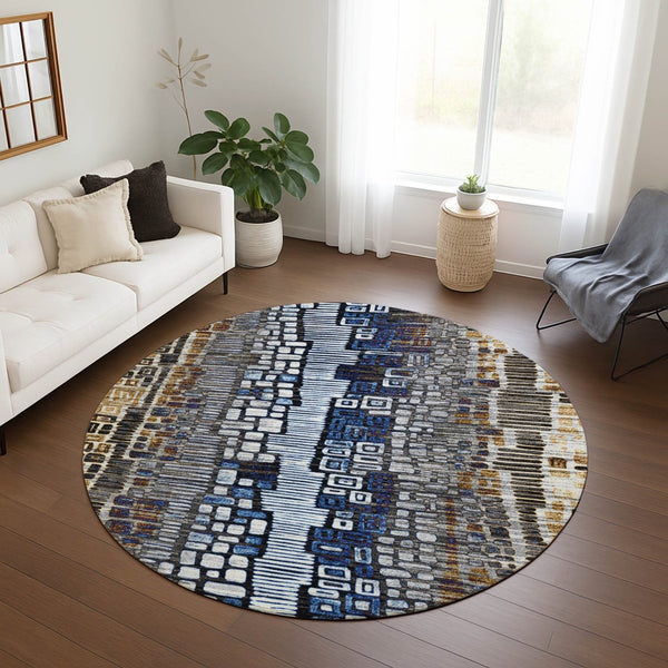 HomeRoots 8' Stylish Geometric Area Rug in Pewter, Ivory, Blue & Gold – Washable, Durable for Indoor/Outdoor Use 641328