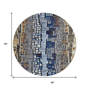 HomeRoots 8' Stylish Geometric Area Rug in Pewter, Ivory, Blue & Gold – Washable, Durable for Indoor/Outdoor Use 641328