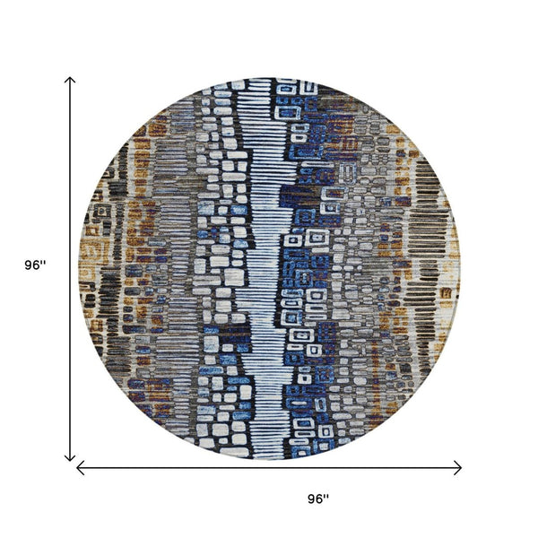 HomeRoots 8' Stylish Geometric Area Rug in Pewter, Ivory, Blue & Gold – Washable, Durable for Indoor/Outdoor Use 641328