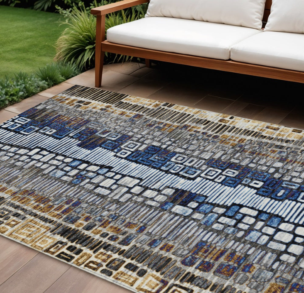 HomeRoots 8' X 10' Modern Geometric Washable Area Rug in Pewter, Ivory, Blue & Gold for Indoor/Outdoor Use 641329