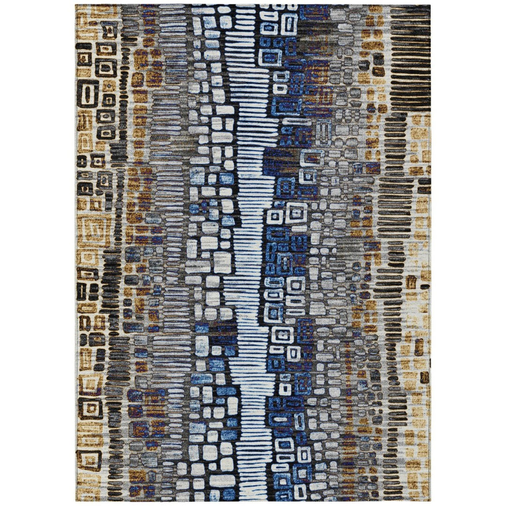 HomeRoots 9' X 12' Stylish Pewter Ivory Blue Gold Geometric Washable Area Rug for Indoor & Outdoor Use 641330