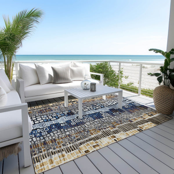 HomeRoots 10' Geometric Washable Area Rug in Pewter, Ivory, Blue & Gold - Perfect for Indoor/Outdoor Use! 641331
