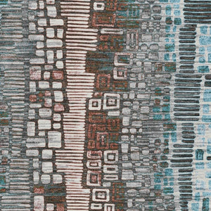 HomeRoots 5' Teal Blue, Ivory & Brown Geometric Area Rug – Washable Indoor/Outdoor Rug for High-Traffic Spaces 641333