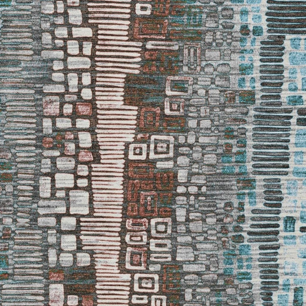 HomeRoots 5' Teal Blue, Ivory & Brown Geometric Area Rug – Washable Indoor/Outdoor Rug for High-Traffic Spaces 641333