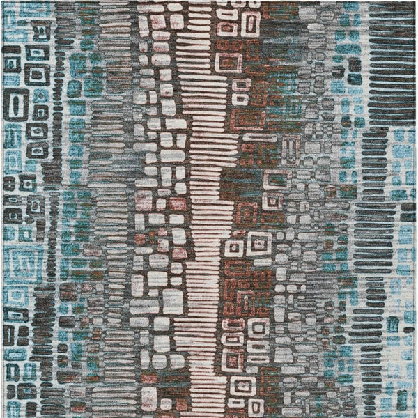 HomeRoots 5' Teal Blue, Ivory & Brown Geometric Area Rug – Washable Indoor/Outdoor Rug for High-Traffic Spaces 641333