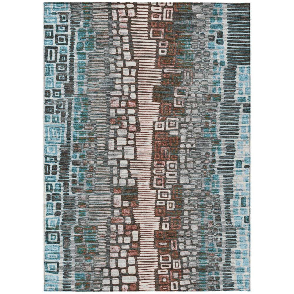 HomeRoots 5' Teal Blue, Ivory & Brown Geometric Area Rug – Washable Indoor/Outdoor Rug for High-Traffic Spaces 641333