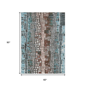 HomeRoots 5' Teal Blue, Ivory & Brown Geometric Area Rug – Washable Indoor/Outdoor Rug for High-Traffic Spaces 641333