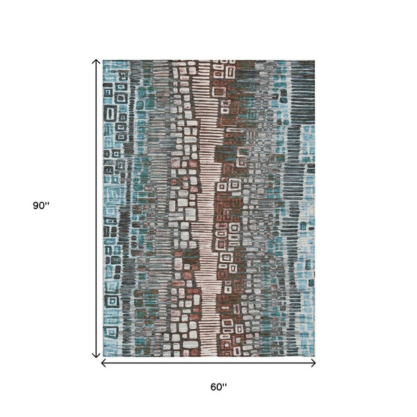 HomeRoots 5' Teal Blue, Ivory & Brown Geometric Area Rug – Washable Indoor/Outdoor Rug for High-Traffic Spaces 641333